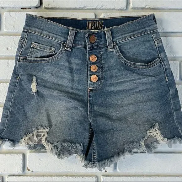 Justice Girls Distressed Denim Shorts High Rise Button Fly Raw Hem Size 12