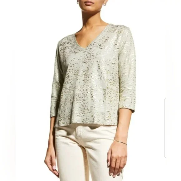 Majestic Filatures Stretch Linen Metallic Novelty 3/4-Sleeve Blouse Top size L