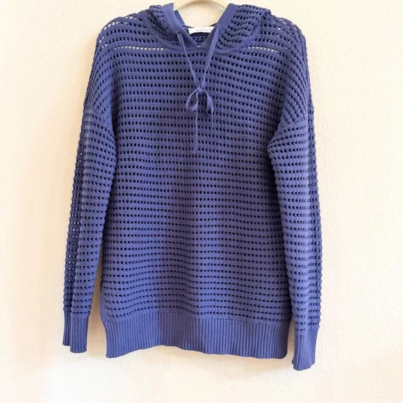Kokun‎ Womens Blue 100% Cotton Open Knit Crochet Hoodie Sweater Small Periwinkle