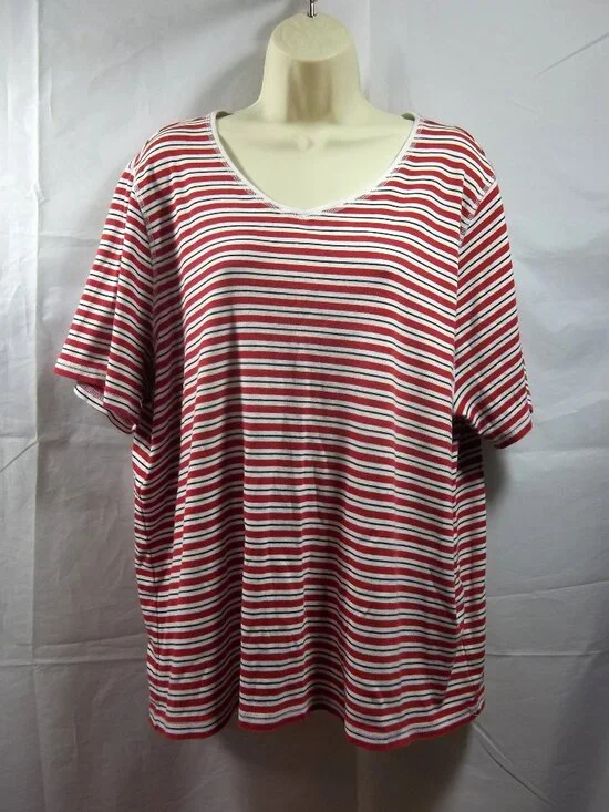 CJ Banks Womens Shirt Top Plus Size 3X V-Neck Striped Short Sleeve Red Black
