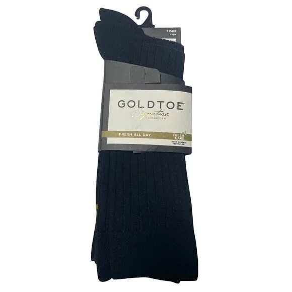 Goldtoe Signature Mens Black Crew Socks 3‎ Pair Shoe Sizes 6-12.5