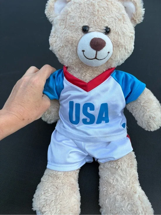 Build-A-Bear teddy bear in a red white blue patriotic shirt