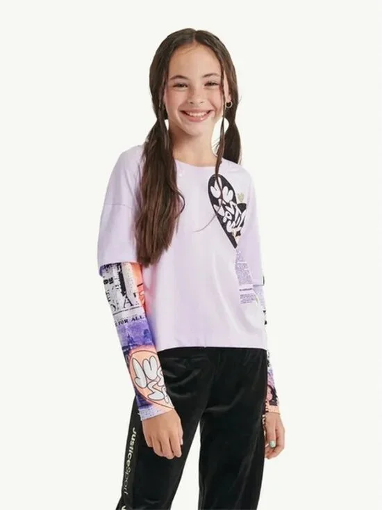 Justice Girls Jsport 2fer T-Shirt Size Large 12-14 Lavender Graphic Print