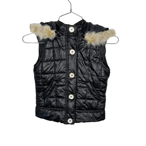JUSTICE‎ | Black Shiny/Metallic Quilted Puffer Vest with Faux Fur Hood