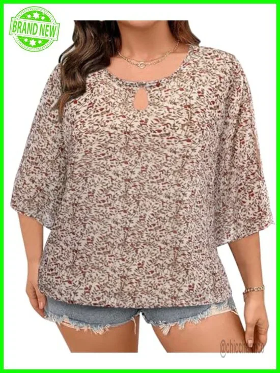 Plus Size Chiffon Blouse 3/4 Sleeve Double Layer Knot Button Tunic