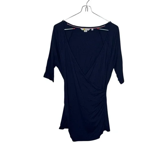 Boden Women's Top Faux Wrap V-Neck 3/4 Sleeve Ruched Stretch Navy Blue Size 6‎