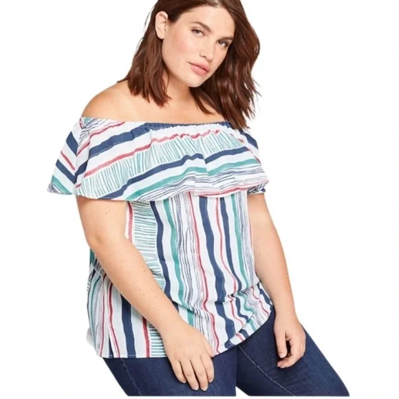 New‎ Lane Bryant Off The Shoulder Stripes Top 22/24 Beach Wear Vacation Summer