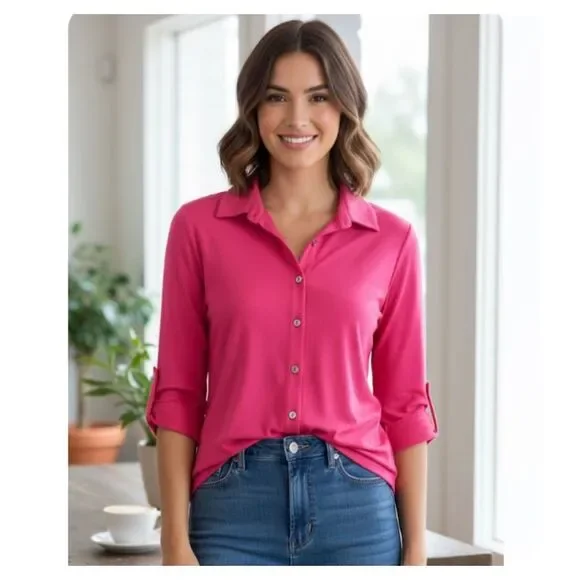 Pure Amici Shirt NWT Pink Button Front Blouse Bamboo Womens Size M
