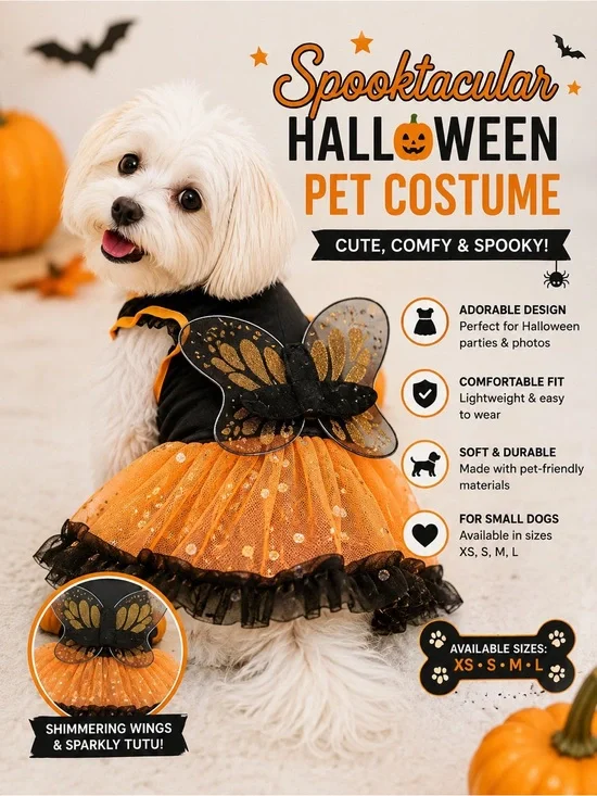 Halloween Dog Costume - Orange & Black Sparkle Tutu with Wings