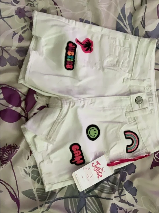 Justice White Denim Shorts with Colorful Patch Accents