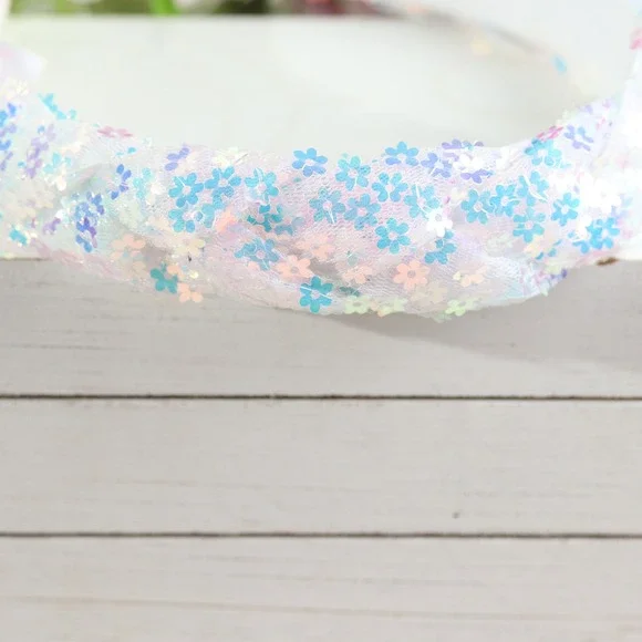 Justice Girls Iridescent Flower Sequin Braided Headband White Blue Sparkle