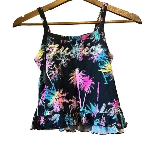 Justice Girls Black Palm Tree‎ Rainbow Graphic Tank Top Ruffle Hem Size M