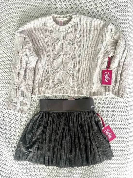 Justice Cream Cable Knit Sweater and silver skirt with buikt in shorts- sz 10