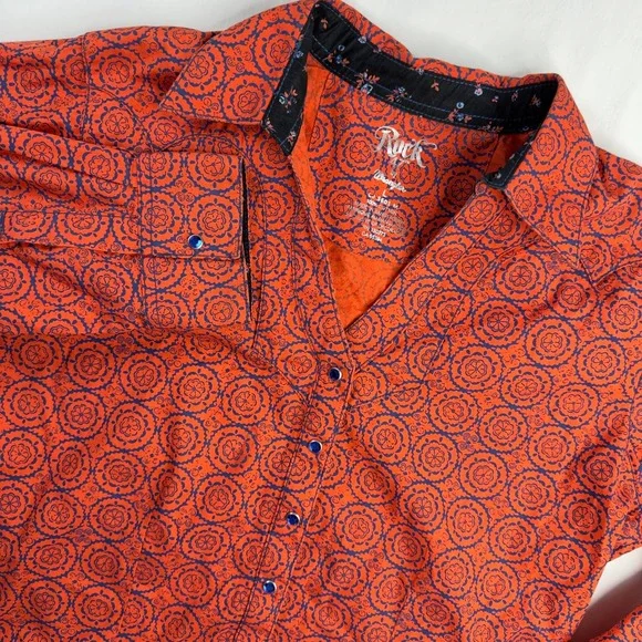 Wrangler Rock 47 Shirt Women's Large Orange Blue Pearl Snap Button Down
