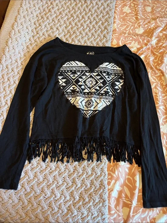 Justice Black Long-Sleeve Fringe Top with Tribal Heart