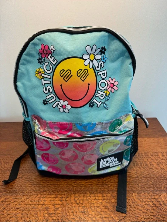 Justice Sport Teal Smiley Face Floral School Backpack