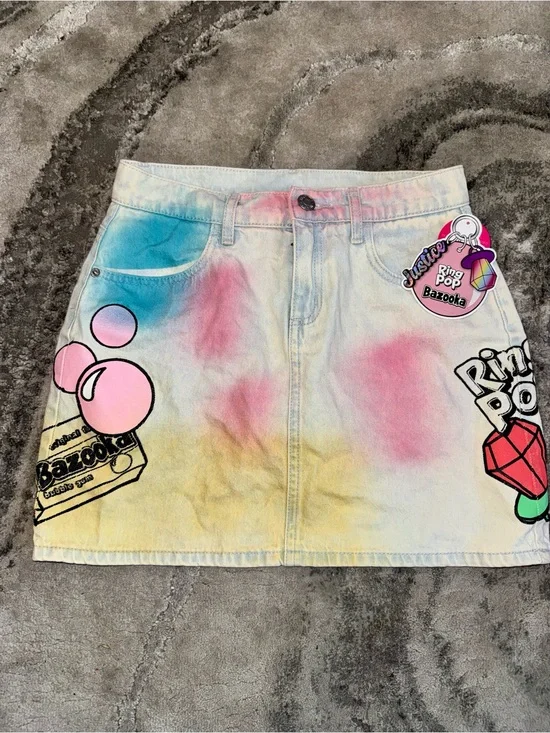 Justice Tie-Dye Graphic Denim Mini Skirt - Pink, Blue & Yellow