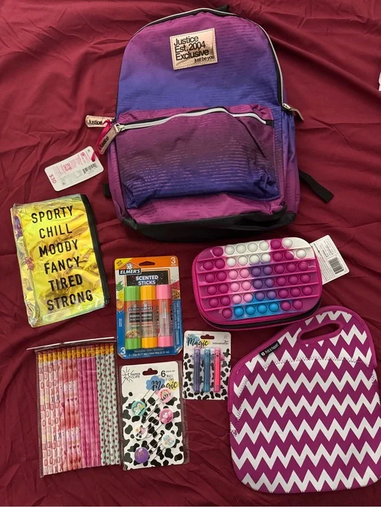 Justice Purple Ombre Backpack, Pop-It pencil case, lunch bag and more
