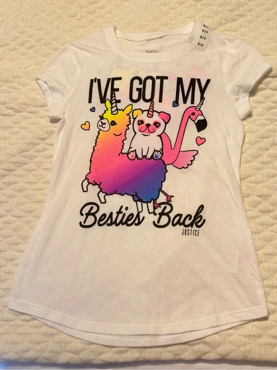 Justice T Shirt Double Sided Kids Size 6/7 Friends No Bullies Llama Pug Flamingo
