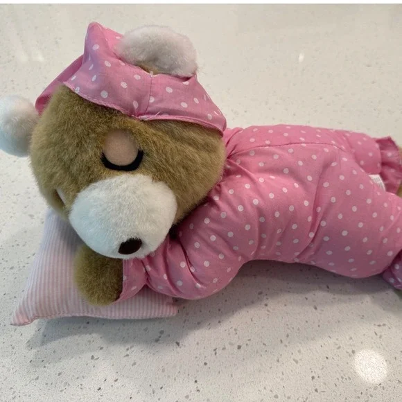 Toy Wonders Sleeping Teddy Bear Plush Kids Pink Excellent Polka Dot Pajamas VTG