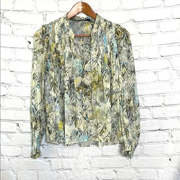 IRO Blue Green Smocked Lace-Up Long Sleeve Top Size 4 Excellent Condition