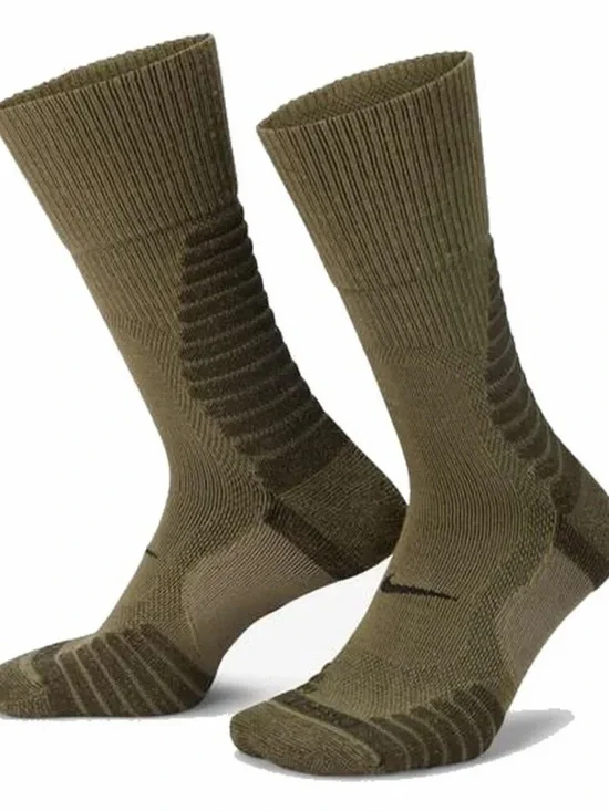 Nike Wool Blend Logo Striped Mid-Calf Crew Socks Brown/Olive L FD8472-300