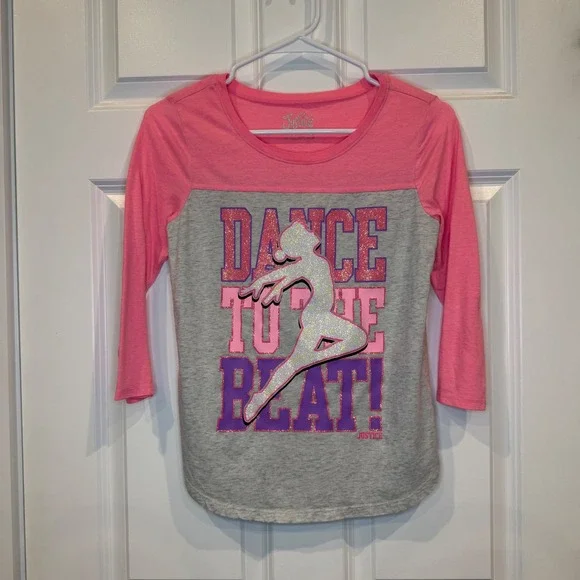 Justice Girls‎ Pink Gray Dance To The Beat 3/4 Sleeve Shirt Size 14