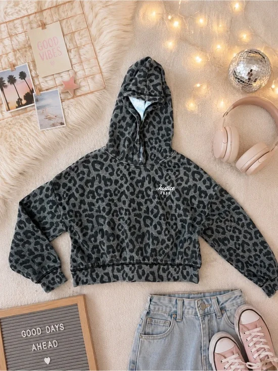 Justice Gray Leopard Jersey Knit Hoodie Pullover