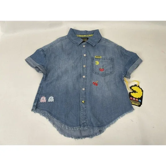 Justice Girls Pacman Denim Shirt Snap Closure Short Sleeve Size L Blue‎