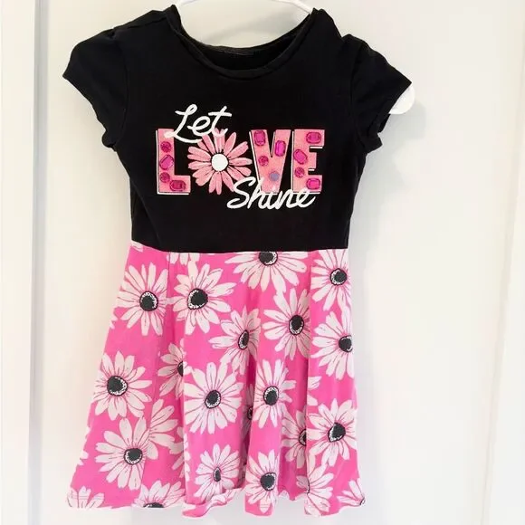 Justice Girls Size 7 Pink Daisy Skater Dress Let Love Shine Rhinestone Graphic