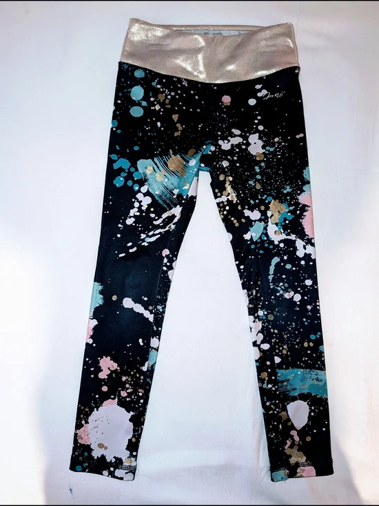 Justice Black Leggings with Metallic Gold Waist and Multicolor Paint-Splash