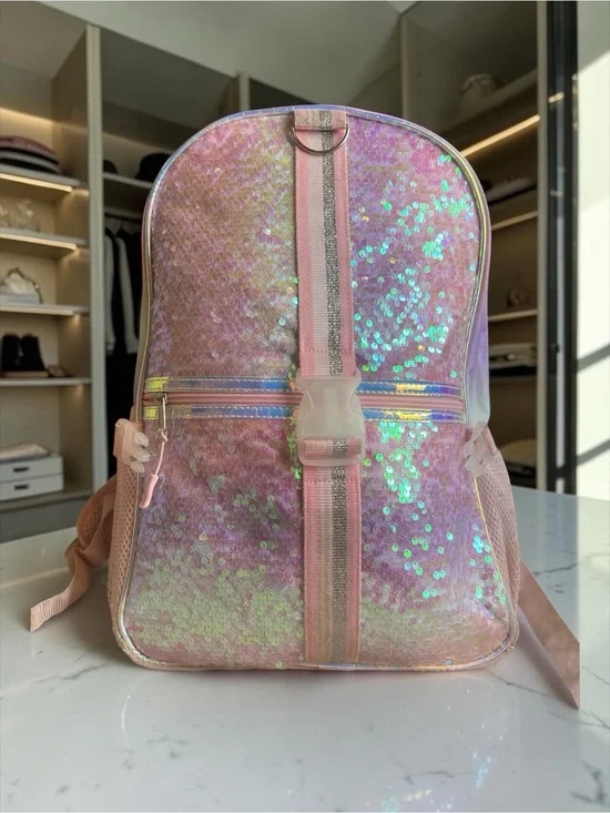 Justice Girls Iridescent Sequin Backpack Pink Pastel School Bookbag