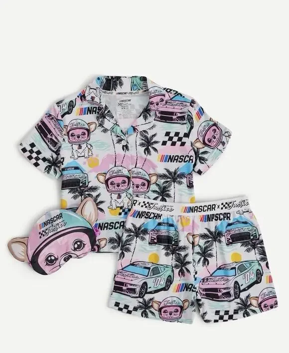 NWT! NASCAR + Justice Girls S (7/8) Pajama Lounge 3pc Short Shirt Mask Sleep Set