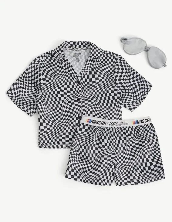 NWT NASCAR+Justice Girls M(10) Blk Pajama Lounge 3pc Shorts Shirt Mask Sleep Set