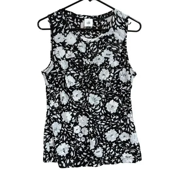 Cabi Womens Blouse Black Gray Floral Round Neck Sleeveless Sheer Stretch Small