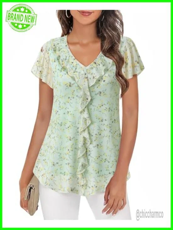 Ruffle V-Neck Short Sleeve Blouse Tunic Floral Peasant Top