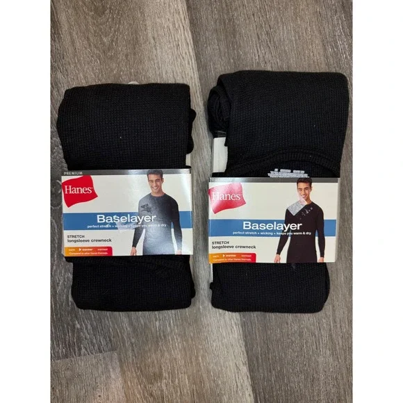 Hanes Premium Mens‎ Baselayer Set of 2 Black Waffle Long Sleeve Crewneck XL New