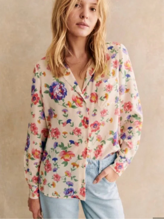 Sezane Florence Silk Floral Blouse - Pink Multicolor size 34 XS #12