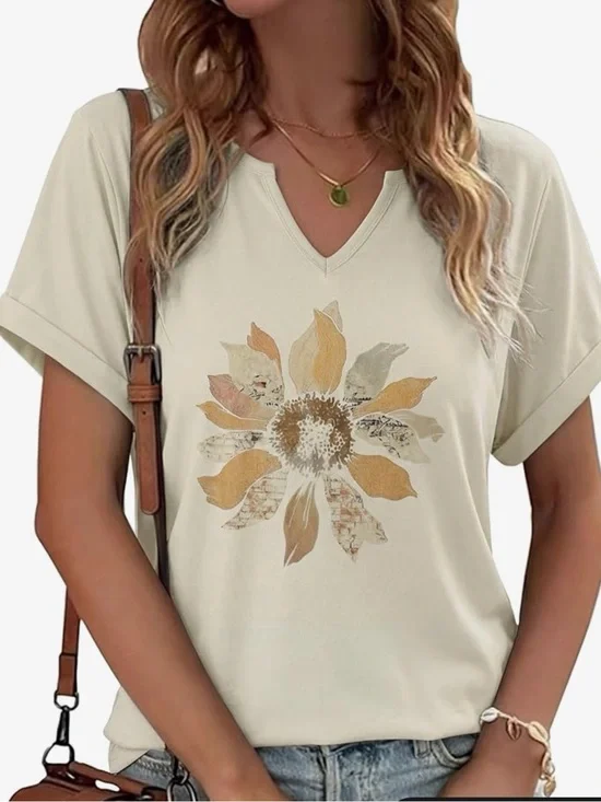 Sunflower V-Neck Short Sleeve Tee - Cream