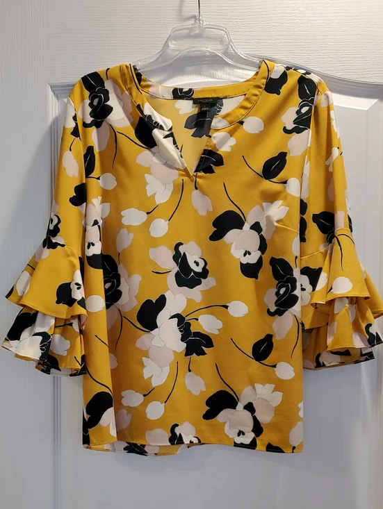 Ann Taylor Yellow Floral V-Neck Ruffle Sleeve Blouse