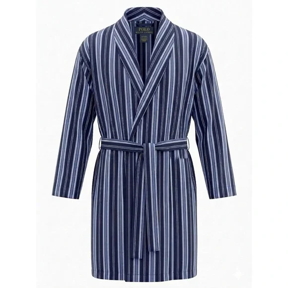 Polo Ralph Lauren Mens Blue Striped Cotton Robe‎ L/XL Shawl Collar Loungewear