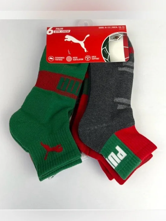 Puma 6 Pair QTR Crew Mexico Soccer Team Socks Shoe Size 8-12 Sock Size 10-13