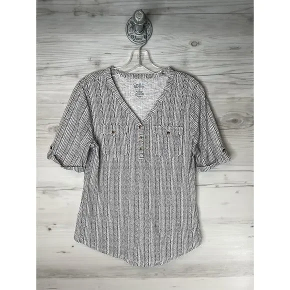 Croft‎ & Barrow Henley Shirt Womens Small Black White Print Short Sleeve