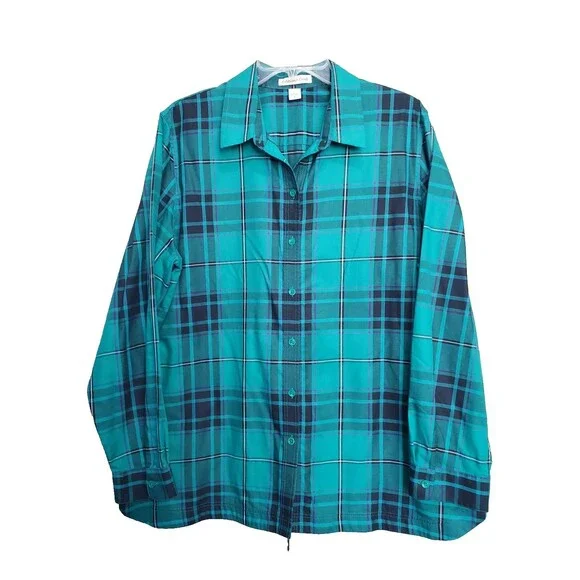 Coldwater Creek Cotton Blend Green Plaid Long Sleeve Button-Up Tunic Size 1X