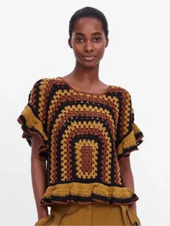 Zara Crochet Boxy knit top in Black, Mustard & Brown
