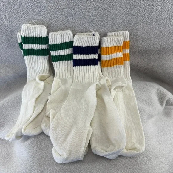 Vintage Tube Socks Lot of 4 White Green Blue Ylw Striped Knit NEW (Washed) 70s