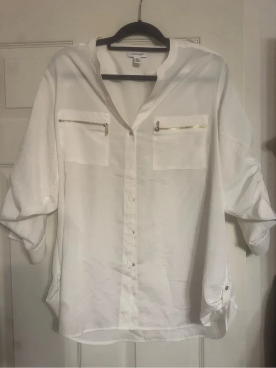 Calvin Klein White Button-Down Blouse with Gold Zippers & Gold Buttons - XL