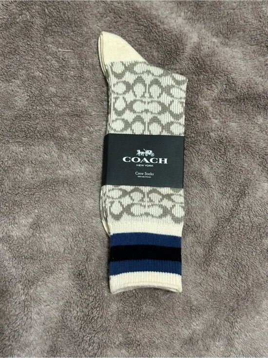 Coach Cream Crew Socks w/ Gray Monogram and Navy Stripes