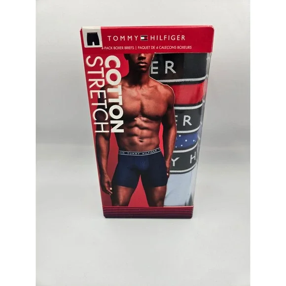 Tommy Hilfiger Mens Large 4-Pack Cotton Stretch Boxer Briefs Navy Red Blue NEW