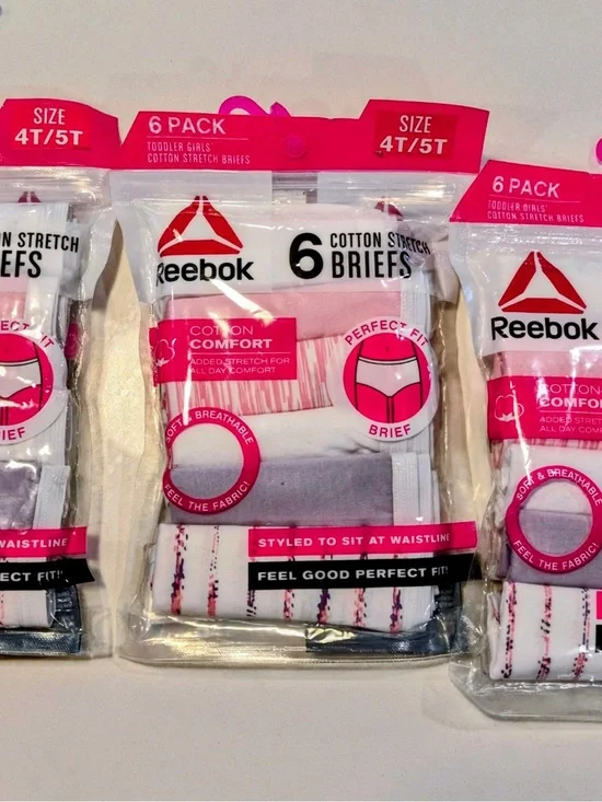 3- packReebok Girls' 6-Pack Cotton Stretch Briefs - Pink/Gray/White - Size 4T/5T